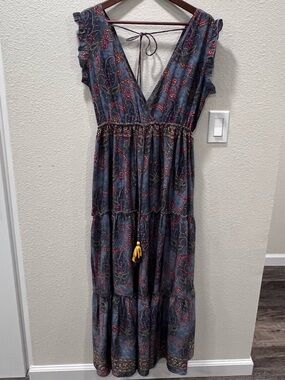 Florencia Silk Maxi Dress Tiered Parsley Floral Print Sleeveless No Size Boho